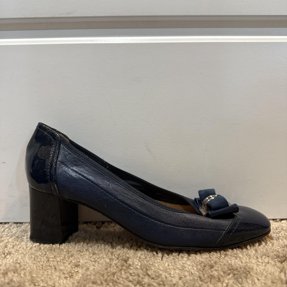 Napoleoni Shoes Womens Size 6.5 Blue Leather Patent Bow Block Heel Pumps Italy